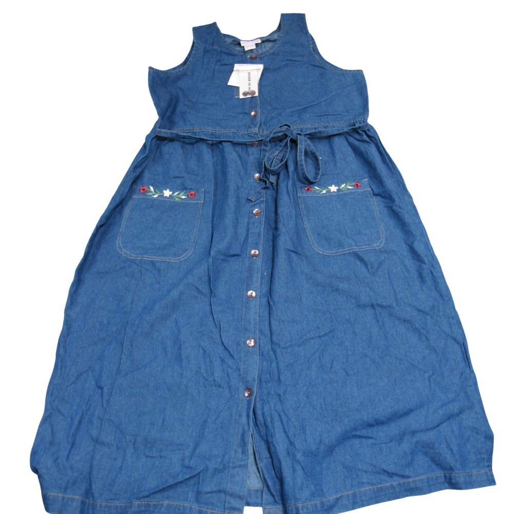Comfort Corner Womens Blue Denim Embroidered Button Front Midi Dress Large L